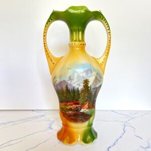 Vintage German Hand Painted Scenic Nature Mountain Two-Handled Vase Danilo